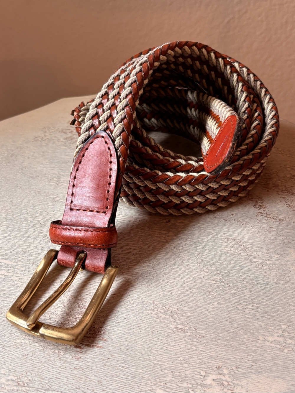 Braided Leather-Trim Belt in Brown and Tan
 sz. 38
